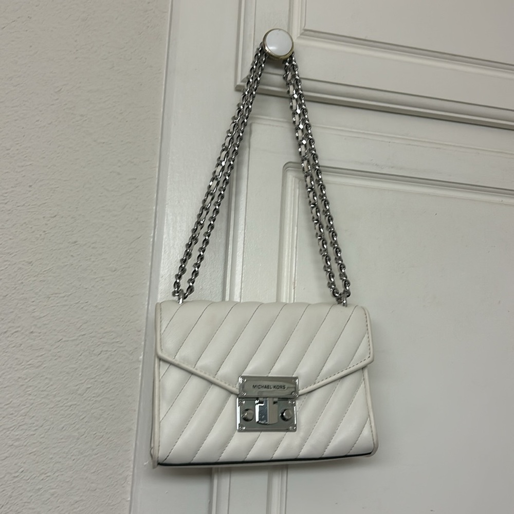 Michael Kors White Quilted Leather Crossbody Purse Small Handbag Silver Hardware - Picture 12 of 16